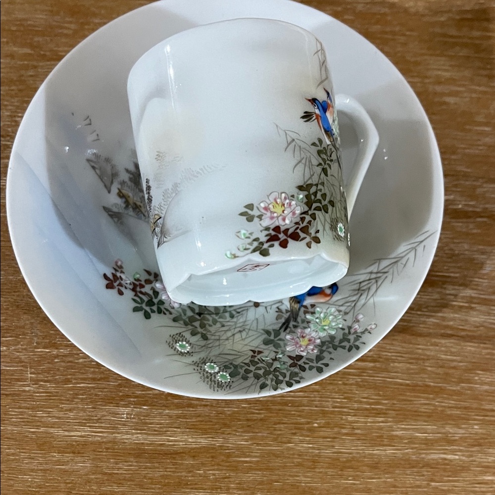 Vintage Floral Bird Porcelain Teacup and Saucer - White with Multicolor Accents